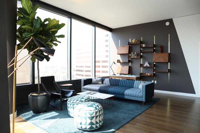 Blue and Gray Midcentury Living Room