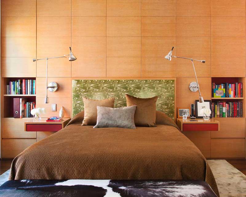 Brown Contemporary Bedroom with Wood Paneling