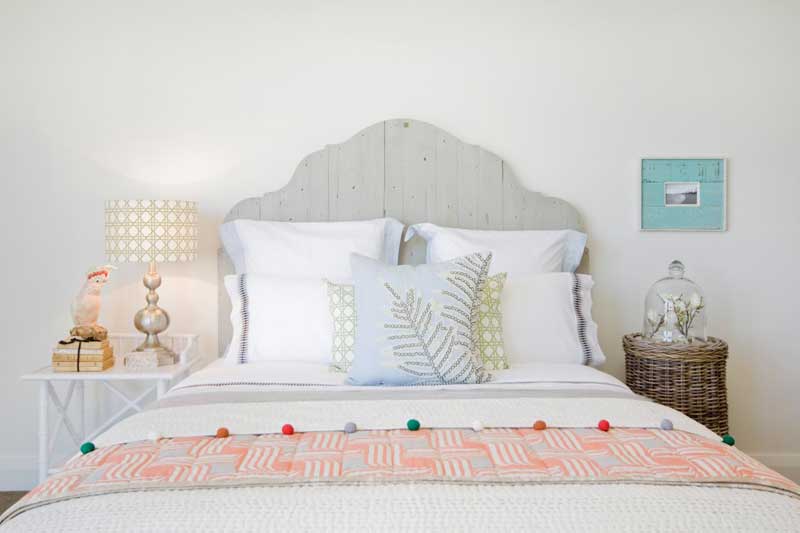 Coastal Bedroom with Gray Wood Plank Headboard