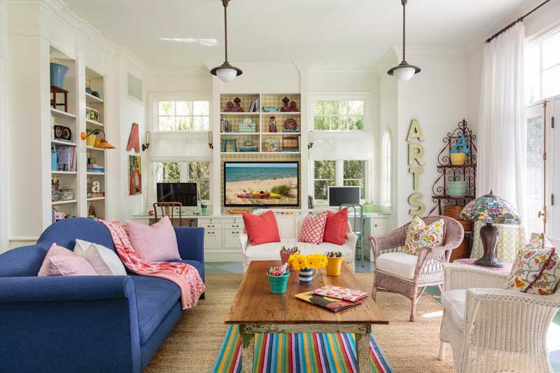 Colorful Living Room with White Walls