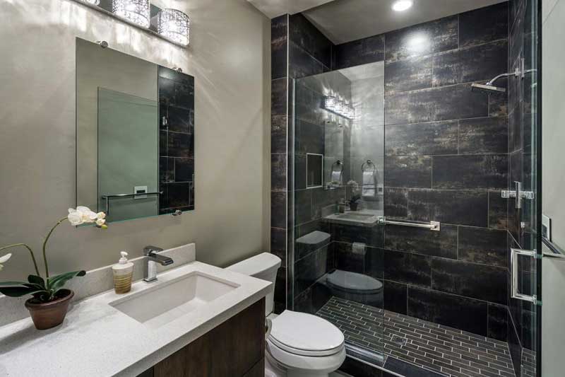 Contemporary Bathroom with Dark Tile