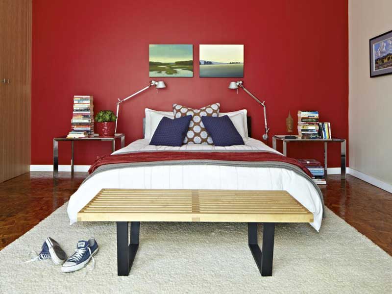 Contemporary Bedroom with Red Accent Wall