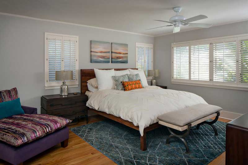 Gray Transitional Bedroom with Blue Rug