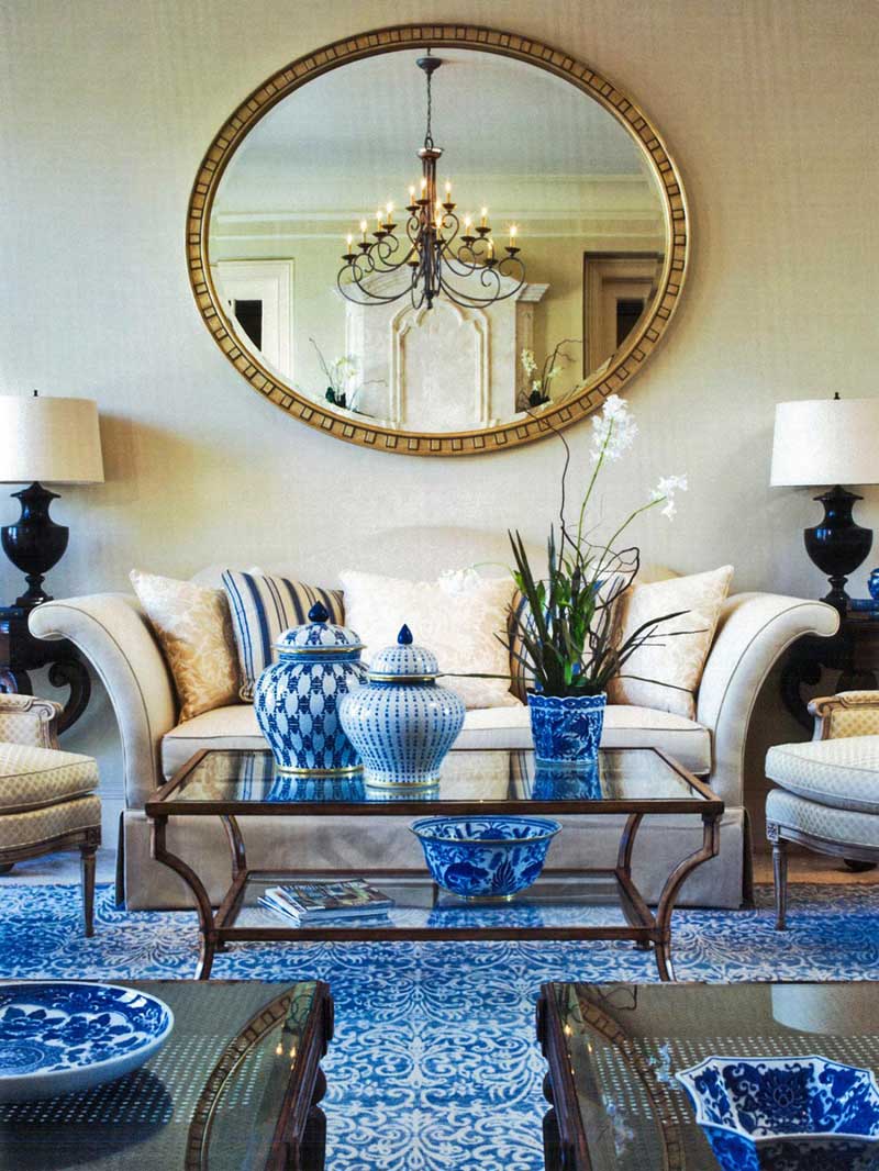 Living Room with Large Round Mirror
