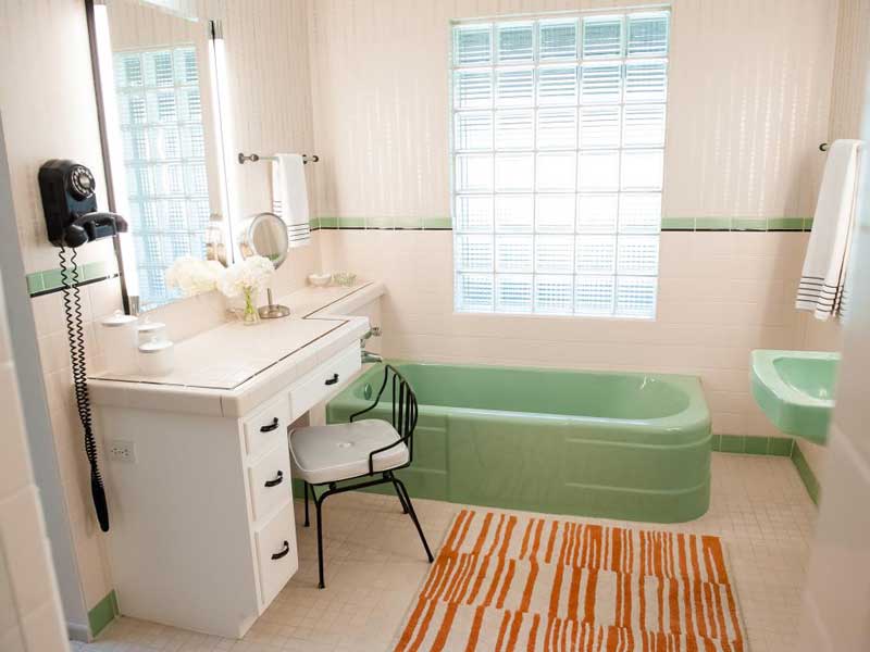 Midcentury Modern Bathroom with Green Tub