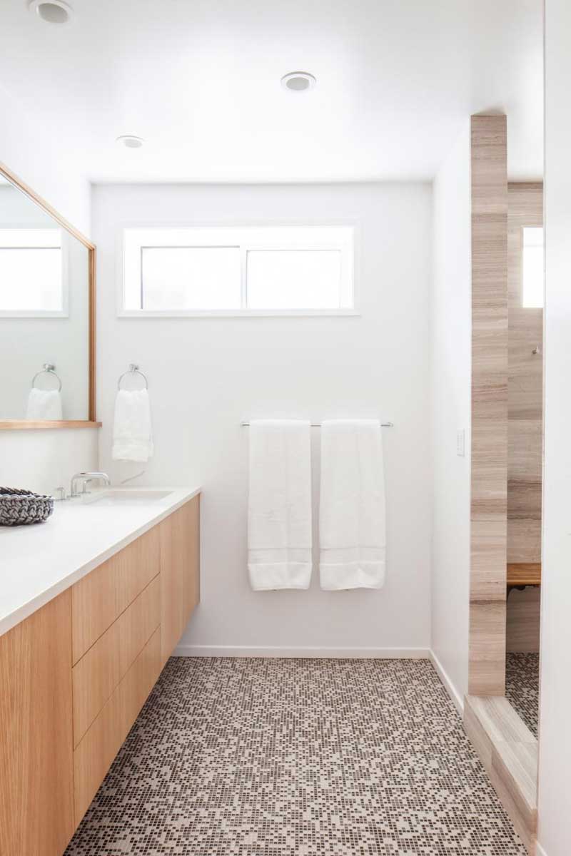 Modern Bathroom with Brown Mosaic Tile Floors