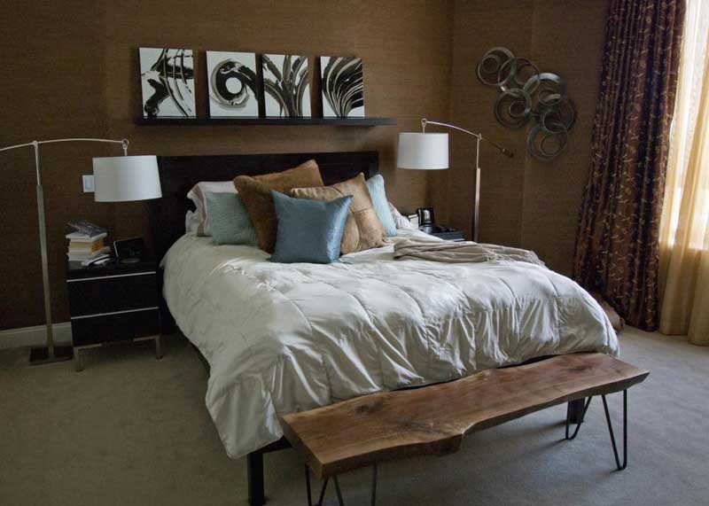 Transitional Brown Bedroom with Rustic Bench