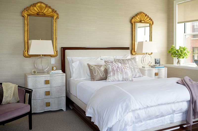 White Midcentury Bedroom with Gold Mirrors