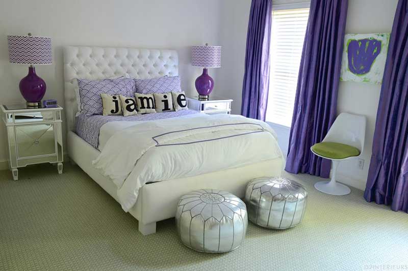 Teenage Girl Bedroom With Purple Patterns and Silver Accents