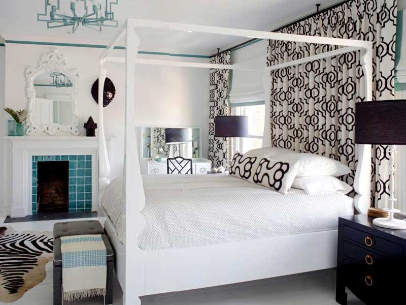 Black and White Bedroom With Chandelier