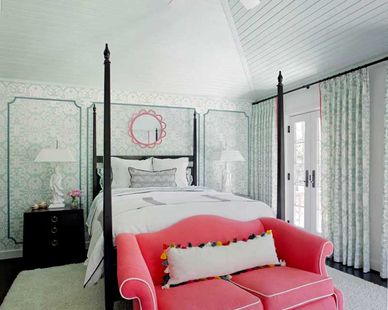 Blue Bedroom With Pink Sofa