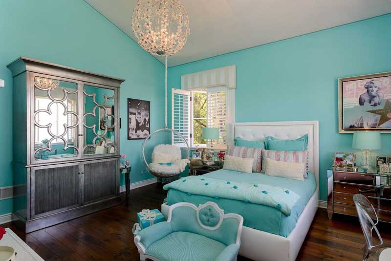 Blue Teenage Girl Bedroom with Dark Wood Floor