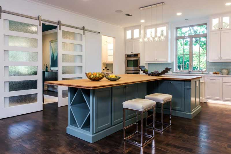Blue Kitchen Island With Wood Countertop