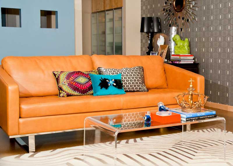Blue Living Room With Orange Leather Sofa