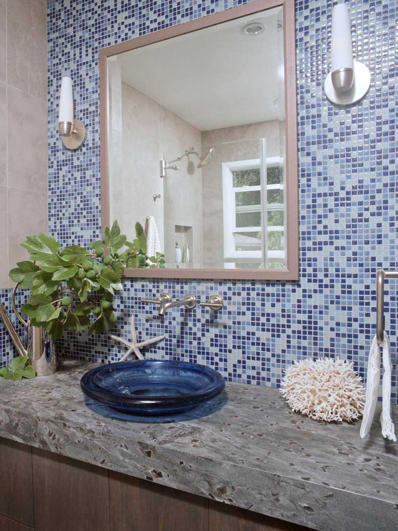 Bathroom with Blue Mosaic Tile Wall