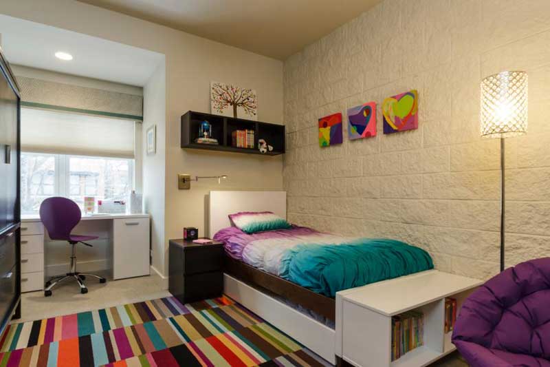 Bright Colors Teenage Girl Bedroom with Dark Wood Accents