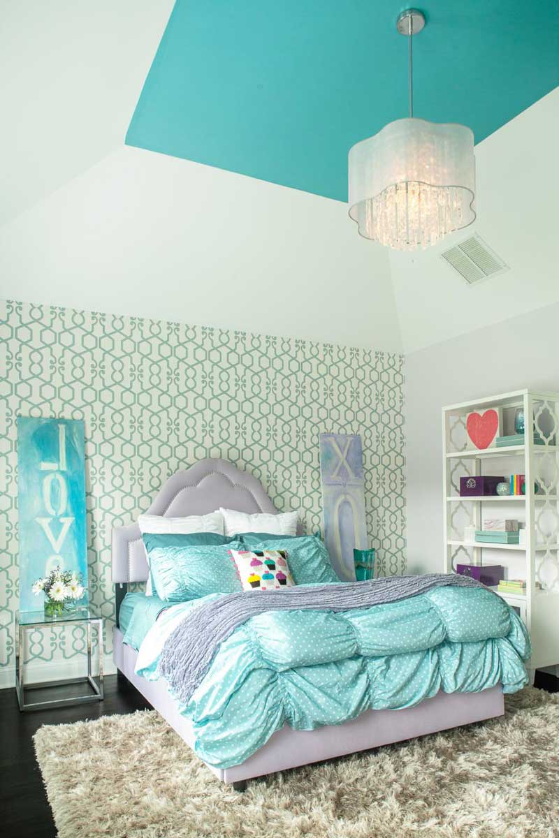 Glamorous Teenage Girl Bedroom With Graphic Accent wall