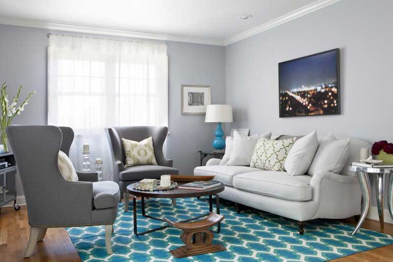 Gray Living Room With Blue Rug