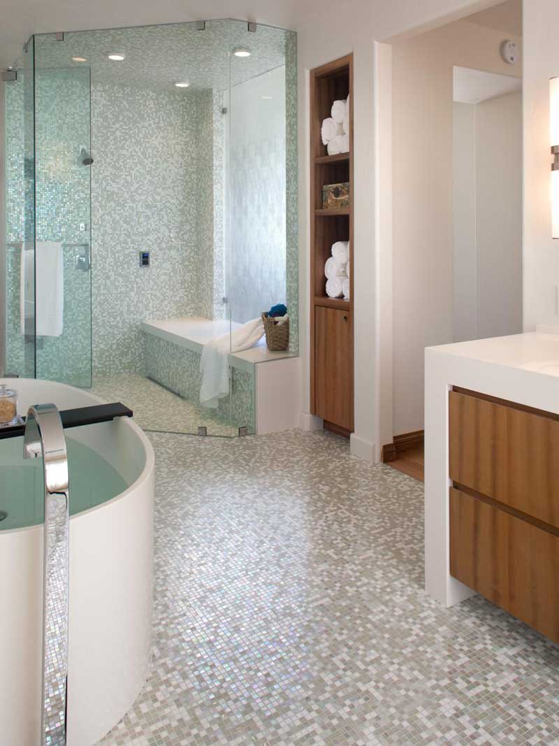 Bathroom with Gray and White Mosaic Tile