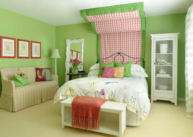 Green Teenage Girl Bedroom With Fabric Headboard