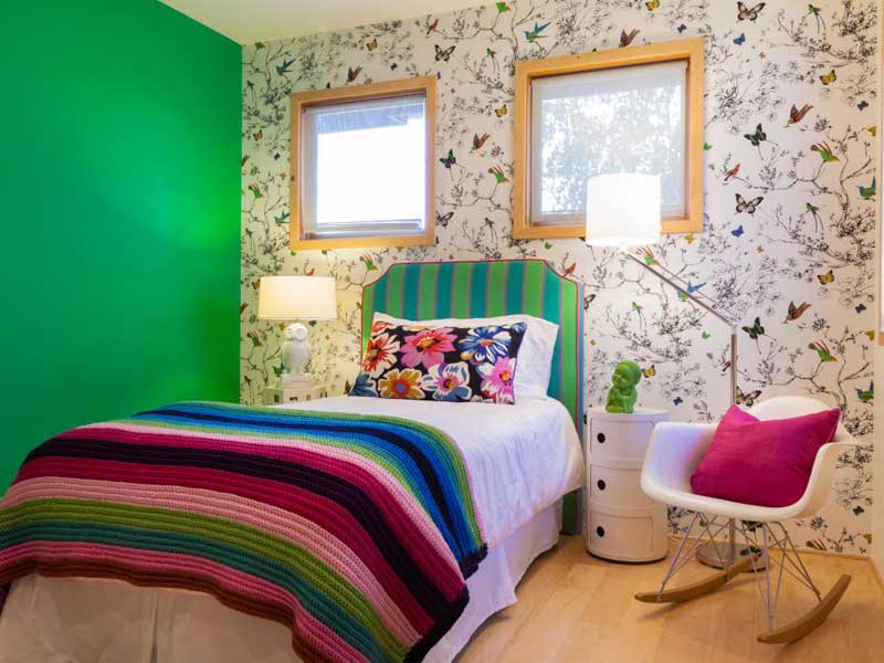 Green Teenage Girl Bedroom With Nature Wallpaper