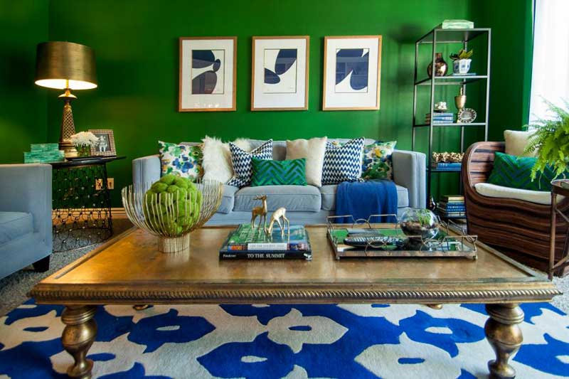 Green Living Room With Royal Blue Accents