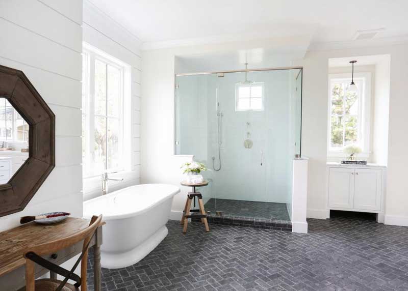 Bathroom with Herringbone Tile Floor