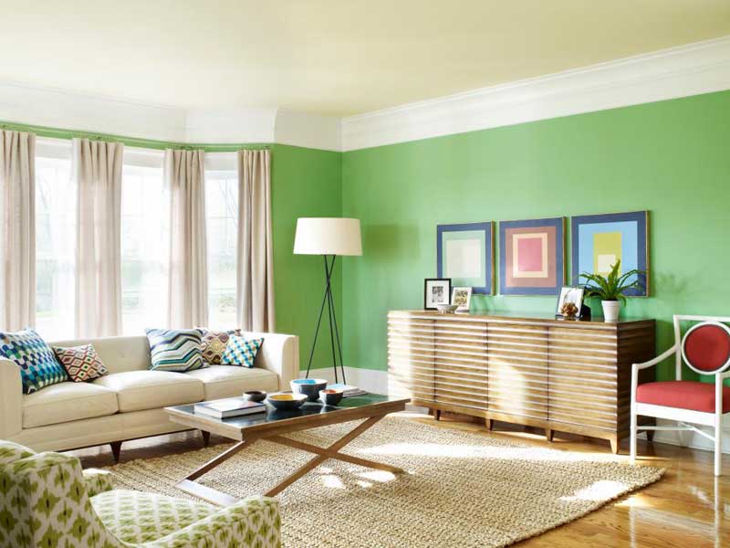 Living Room With Colorful Green Walls