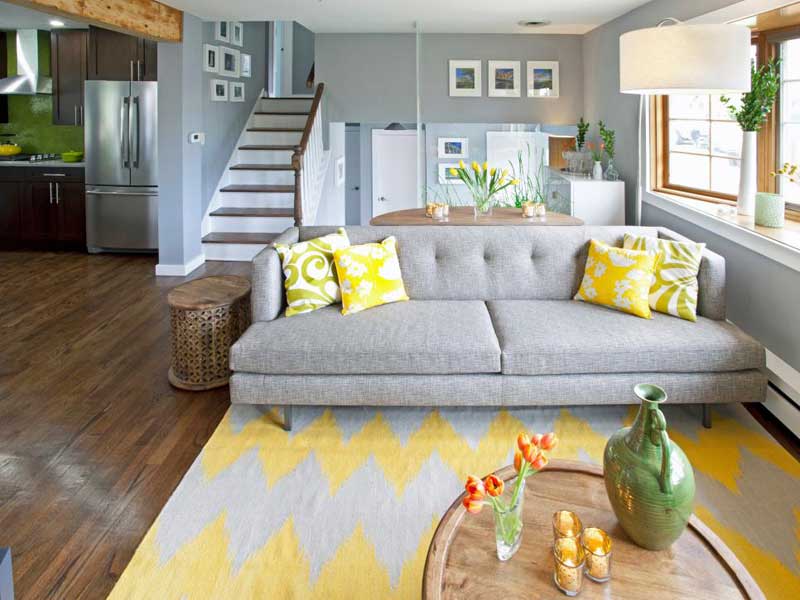 Living Room With Gray Tufted Sofa