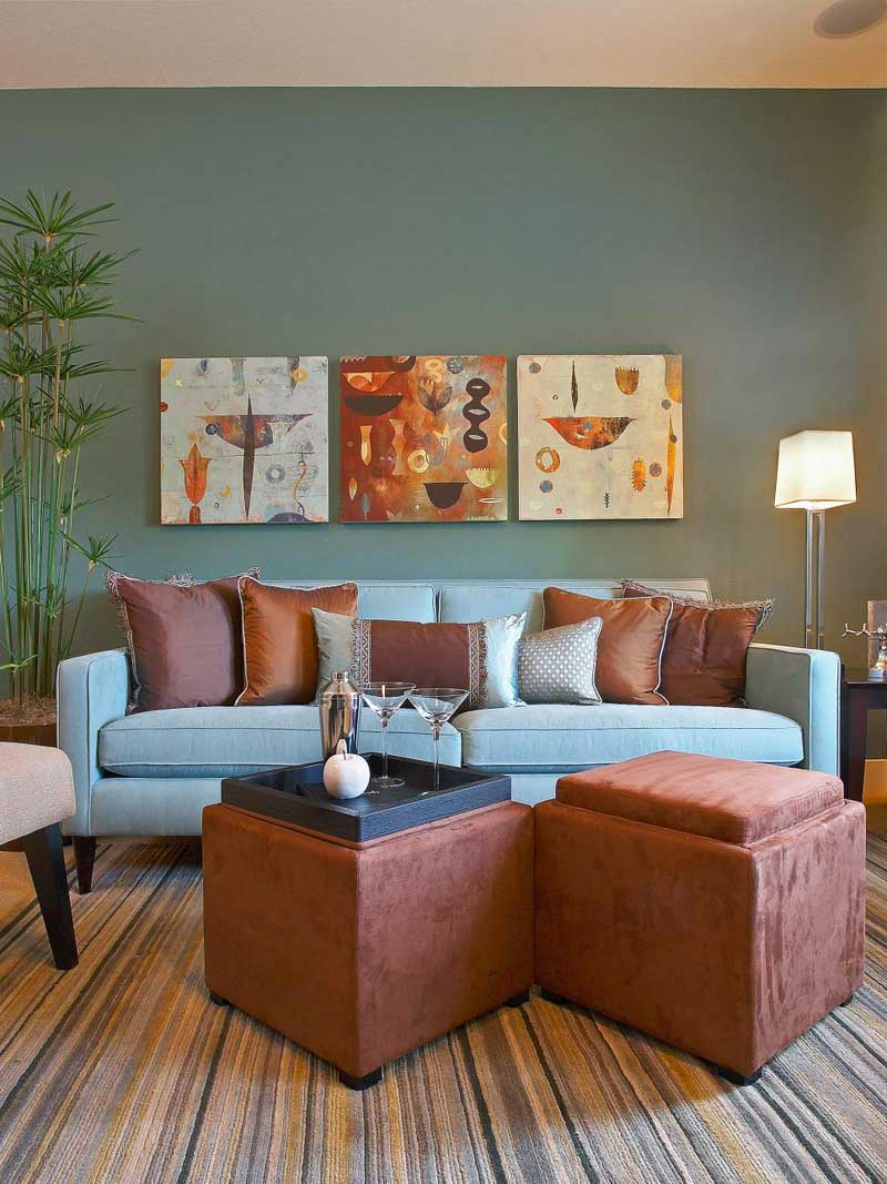 Living Room with Blue and Brown Color Scheme