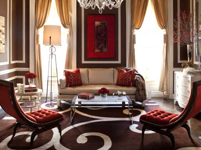 Living Room with Red and Brown Accents