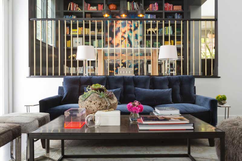Modern Living Room With Blue Velvet Sofa