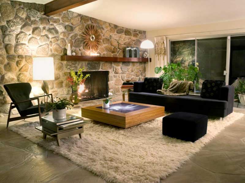 Modern Living Room With Stone Wall