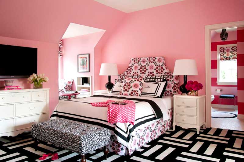 Pink Teenage Girl Bedroom With Black and White Rug
