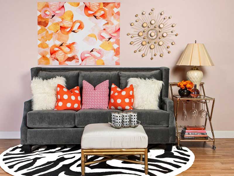 Pink Living Room With Gray Sofa