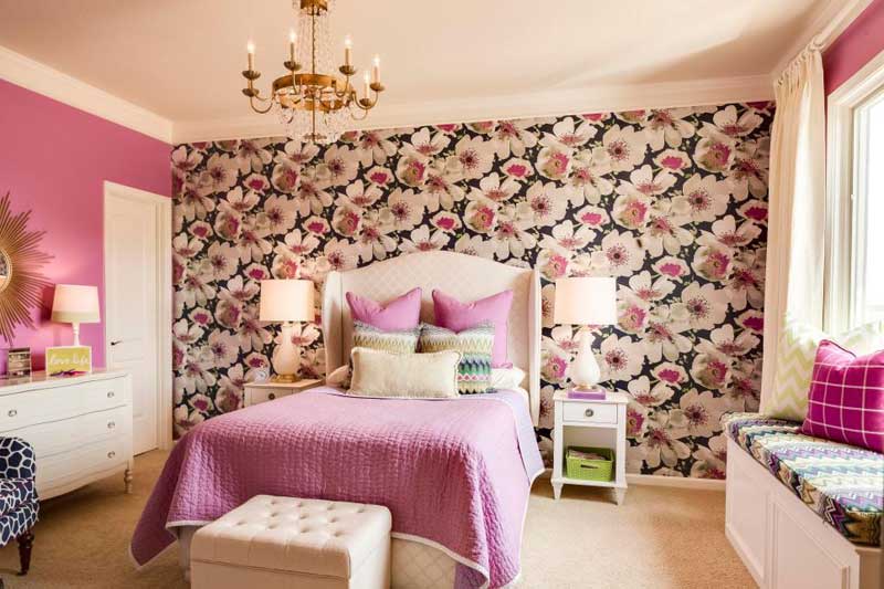 Purple Teenage Girl Bedroom With Floral Accent Wall