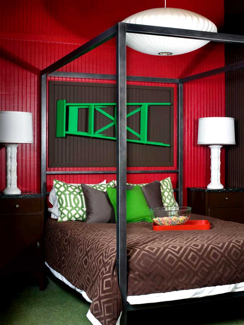 Red Bedroom With Green Accents
