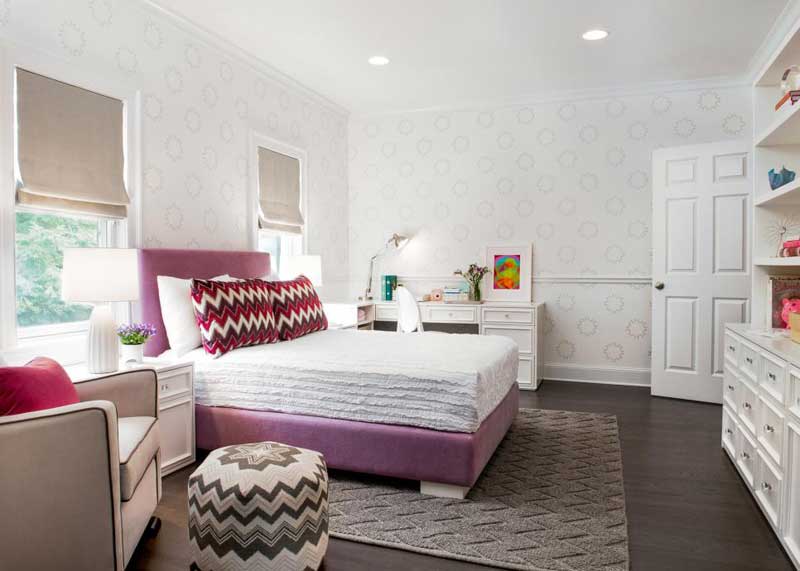 Sophisticated Teenage Girl Bedroom with Upholstered Lilac Bed