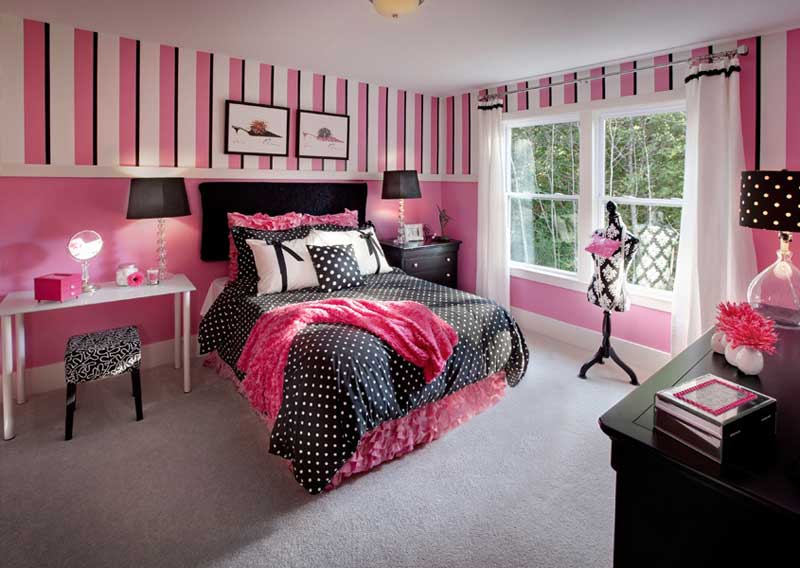 Teenage Girl Bedroom With Pink Striped Wall