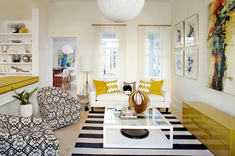 White Living Room With Bold Geometric Patterns