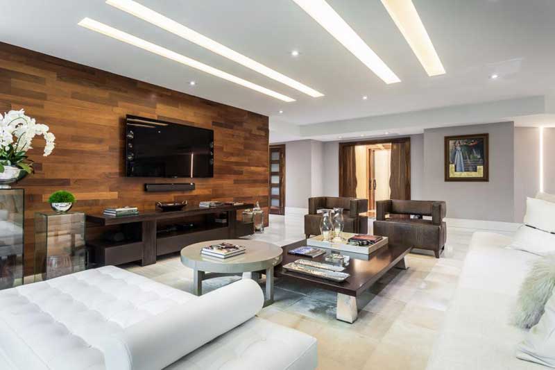 White Living Room With Wood Accent Wall