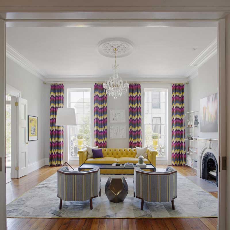 White Living Room With Yellow Sofa