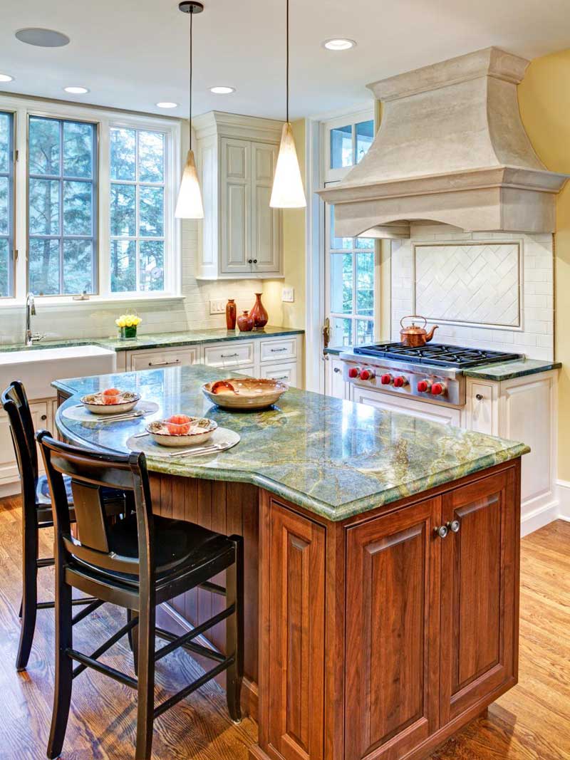 Wood Kitchen Island With Green Marble-Topped