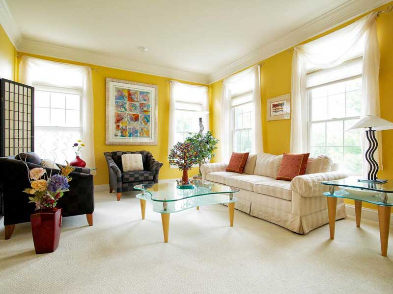 Yellow Living Room With Beige Sofa