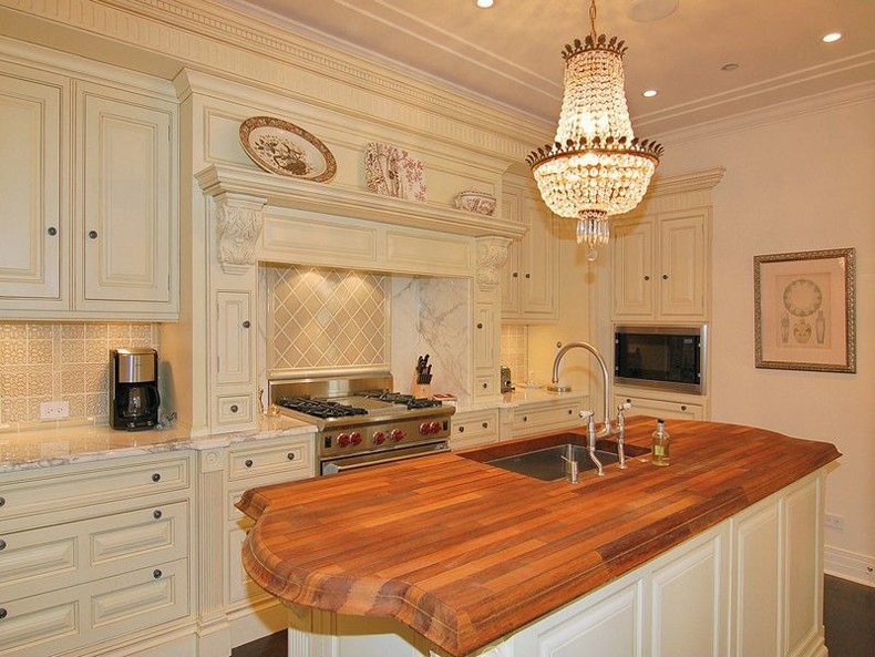 Kitchen Island with Beaded Chandelier Lighting