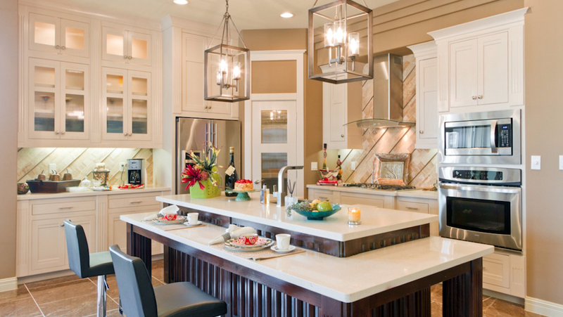 Kitchen Island with Cage Chandelier Lighting