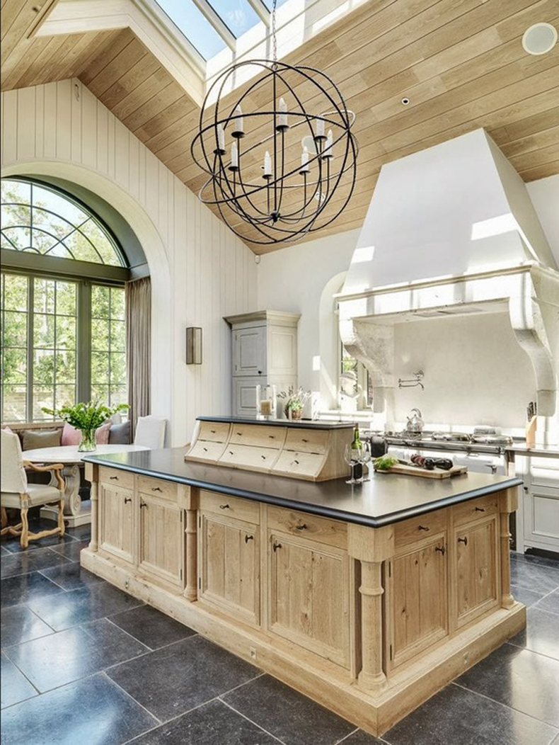 Kitchen Island with Foucault Orb Chandelier 