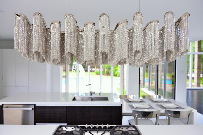 Kitchen Island with Modern Wave Crystal Chandelier