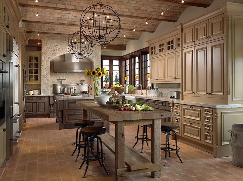 Kitchen Island with Orb Chandelier Lighting