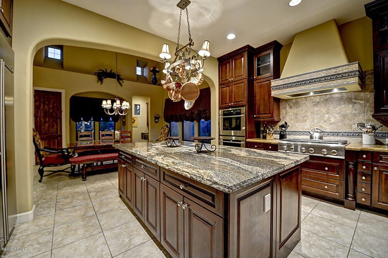 Kitchen Island with Pot Rack Chandelier 